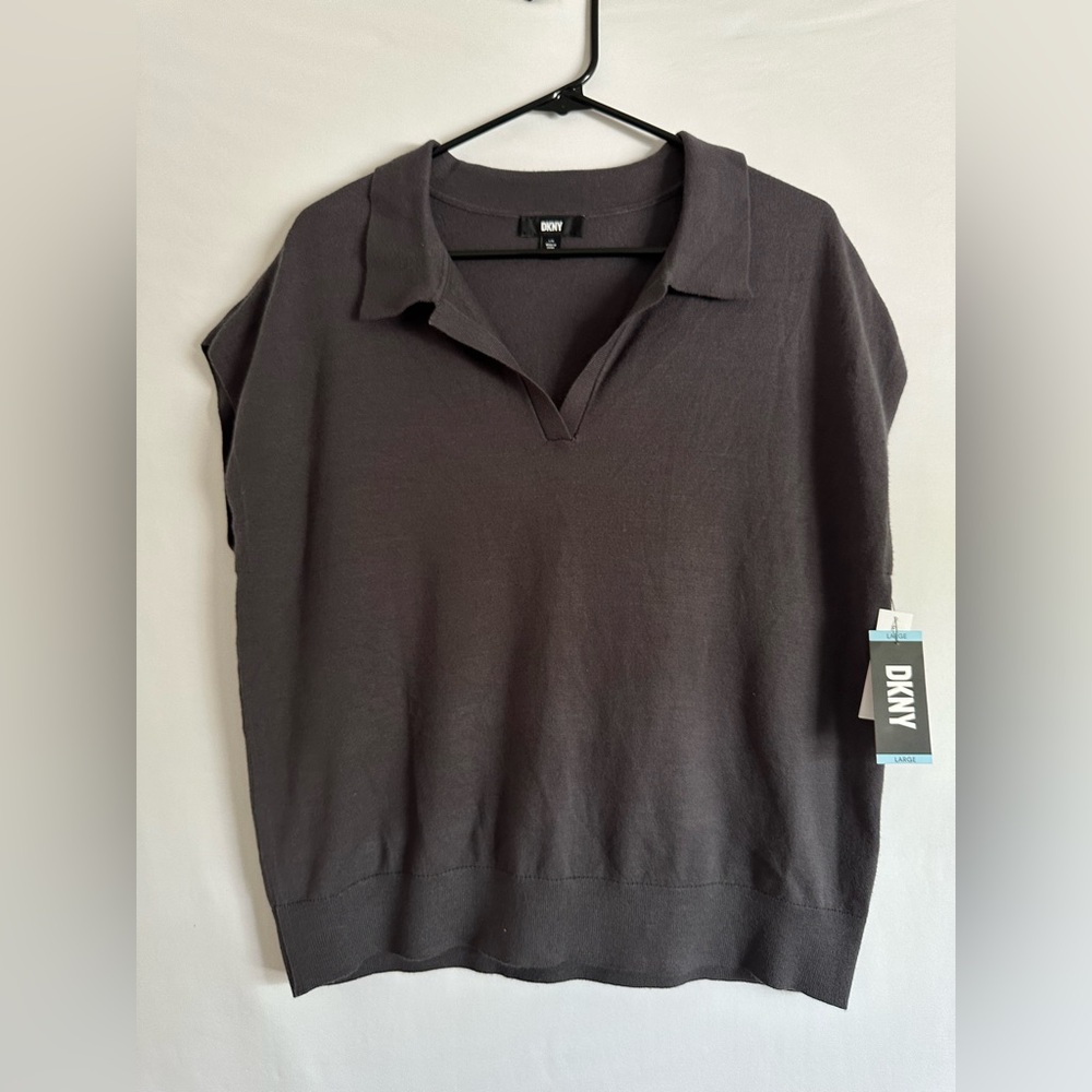 DKNY Women's Modern Fit Sleeveless Collared V-Neck Sweater Dark Gray L New